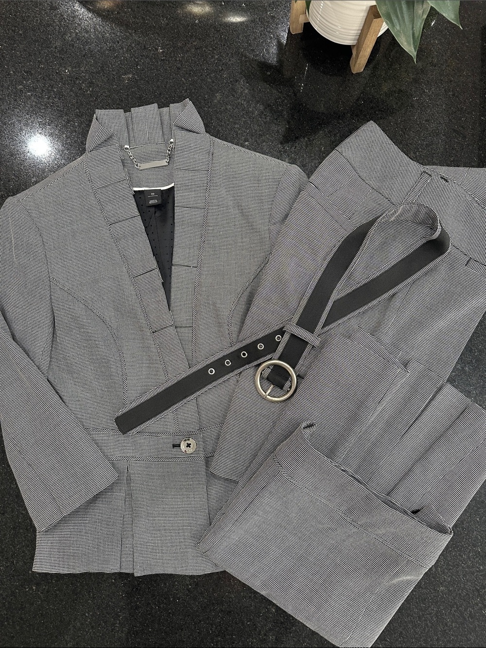 WHBM Black and White Mini-Check with Black Trim. Blazer, Pants/Belt, Skirt